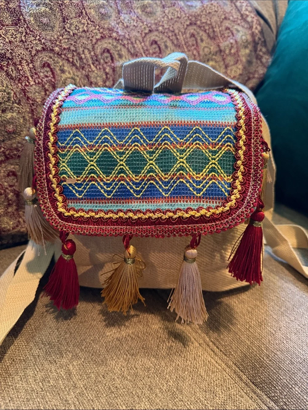Gorgeous AuthenticTribeTassel mini BackPack- Vibrant blue, green, burgundy, boho